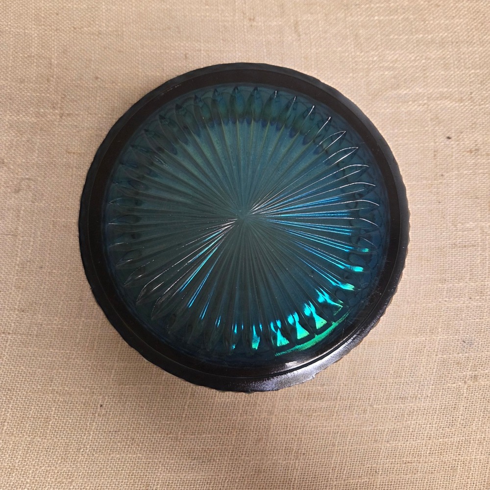 Vintage Blue Carnival Glass Trinket Dish with Lid Iridescent Oil Slick Jar - Picture 6 of 9